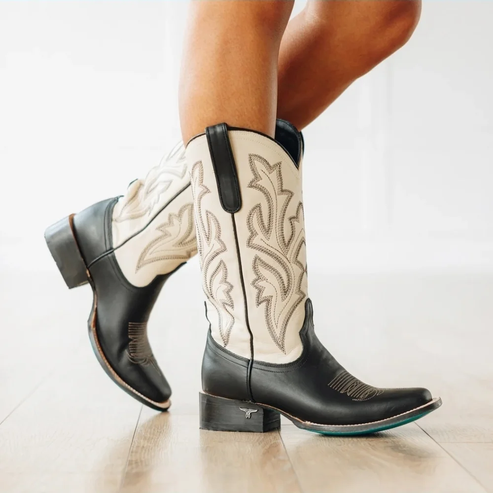 Lane Classic Square Leather Boot Women Size 7.5 Jet Black and Pale Ivory 012026 - Picture 1 of 12
